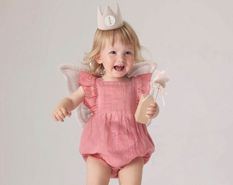 First Birthday Party Outfit Girl: Pink Baby Bubble Romper + Party Hat Crown + Butterfly Wings + Magic Wand, Toddler One Bday Gift Set Cotton