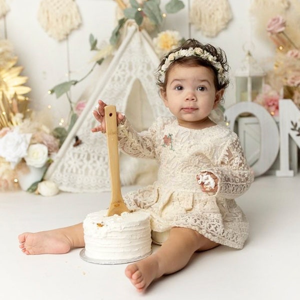 Boho 1st Birthday Outfit Girl, Baby Lace Dress Long Sleeve, One Cake Smash Romper Custom Name, Personalized Toddler Clothes Special Occasion