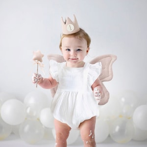 1st Birthday Outfit Girl, White Baby Bubble Romper + Cake Smash Photo Props: Party Hat Crown & Butterfly Fairy Wings, Toddler One Bday Gift