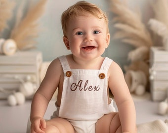 Personalized 1st Birthday Outfit Boy, Summer White Linen Baby Romper, Custom Name Strampler, Neutral Overalls for Half Bday Cake Smash Photo