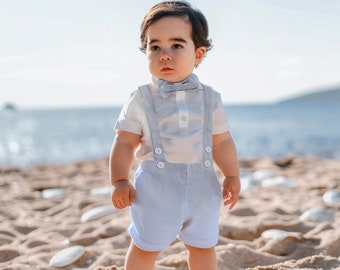 Summer Baby Boy Clothes Set Cotton, First Birthday Cake Smash Outfit Boy, Special Occasion Toddler Clothing, Boho Beach Wedding Suit Bow Tie