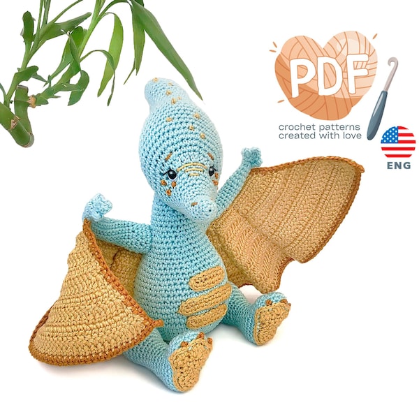 Dinosaur Crochet Pattern Pterodactyl, Cute Amigurumi Jurassic Animals, Dino Easy Crochet Tutorial, Crochet Dinosaur