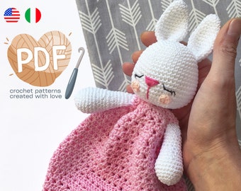 Lovey Bunny Crochet Pattern, Amigurumi Comforter Cuddle Sleeping Rabbit, Security Comfort Blanket Toy for Baby, Cute Animal Easy Tutorial