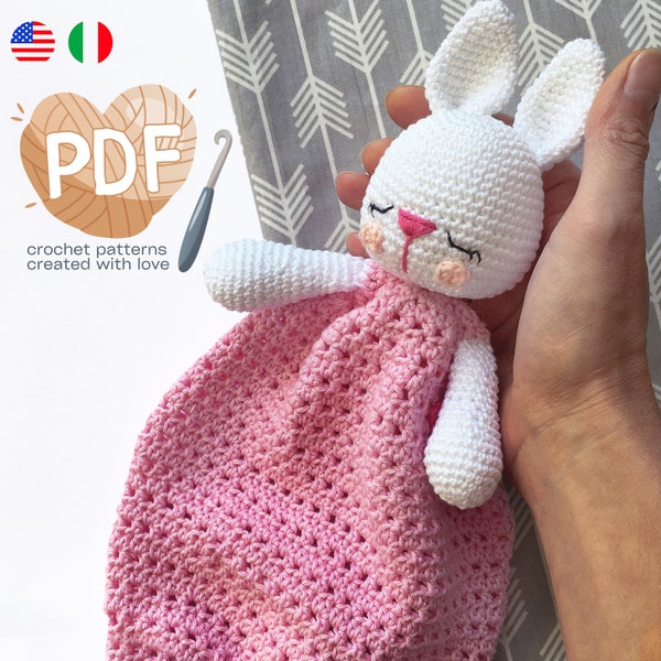 Lovey Bunny Crochet Pattern, Amigurumi Comforter Cuddle Sleeping Rabbit, Security Comfort Blanket Toy for Baby, Cute Animal Easy Tutorial