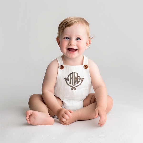 White Linen Baby Romper, Unisex Baby Overalls, Personalized Monogram Custom Name, Summer First Birthday Cake Smash Outfit Boy, One Bday Gift