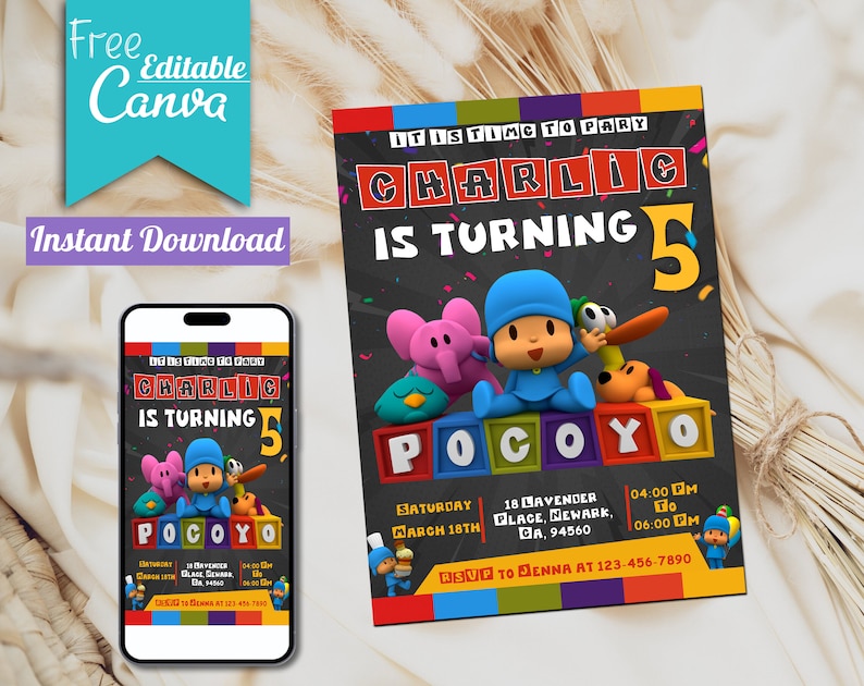 Editable Pocoyo Birthday Invitation Pocoyo Invitation Pocoyo Party Kids ...