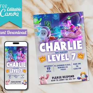 Peut inclure: Une invitation numérique violette et bleue avec un personnage de jeu vidéo. L'invitation indique "Charlie a atteint le niveau 7" et comprend la date, l'heure et le lieu de l'événement. Elle comprend également le texte "Veuillez répondre" et un numéro de téléphone.