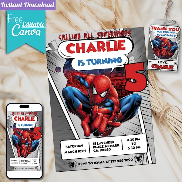 Editable Spiderman Invitation Birthday Party | Spiderman Digital Invitation | Spiderman Birthday | Editable With Canva | Instant Download