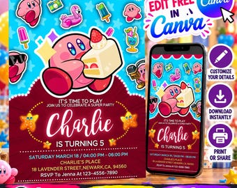 Editable Kirby Birthday Invitation Template | Printable Birthday Party Invitations, Kids party Template | Invite in Canva | Instant Download