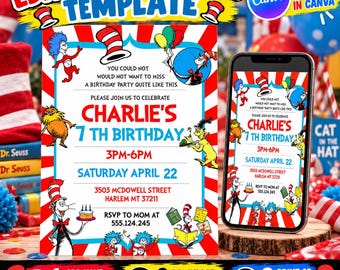 Dr Seuss Birthday Invitation, Dr Seuss Party, Dr Seuss Invite, Dr Seuss Printable, Dr Seuss Template, Kids Birthday Invite, Instant Download