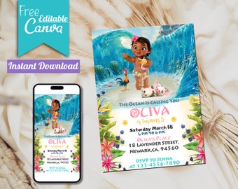 Editable Baby Moana Birthday Invitation | Printable Baby moana Birthday invite | Kids party Template | Invite in Canva | Instant Download