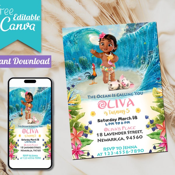 Editable Baby Moana Birthday Invitation | Printable Baby moana Birthday invite | Kids party Template | Invite in Canva | Instant Download