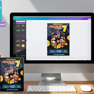 May include: Editable Canva template for a birthday invitation featuring a cartoon image of characters from the anime Dragon Ball Z. The text on the invitation reads "Super Saiyan Charlie is turning 7".