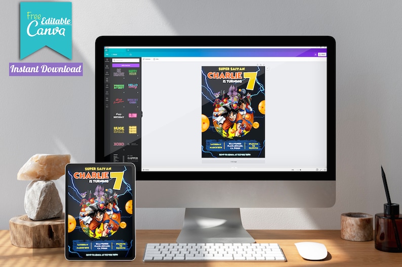 May include: Editable Canva template for a birthday invitation featuring a cartoon image of characters from the anime Dragon Ball Z. The text on the invitation reads "Super Saiyan Charlie is turning 7".