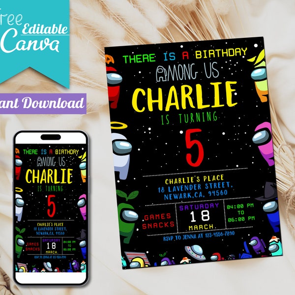 Among us invitation Birthday Invitation | Kids Birthday Invitation | Amoung us Game invite | Digital Editable Personalized Canva Printable