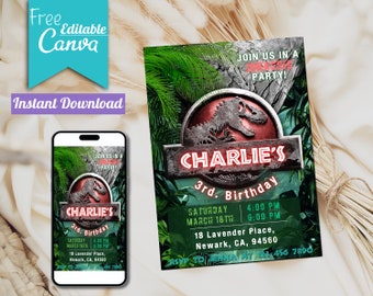 Faire-part d'anniversaire modifiable Jurassic World | Invitation fête Jurassic Park à imprimer | Modèle pour enfants | Inviter sur Canvas | Téléchargement instantané