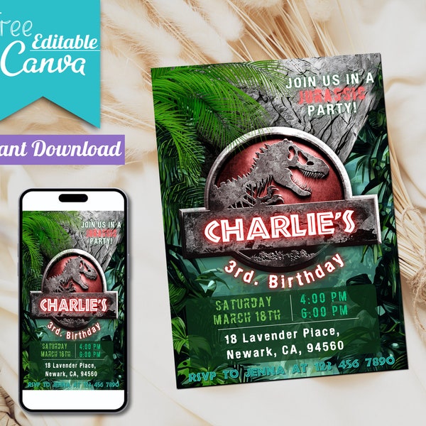 Editable Jurassic World Birthday Invitation | Printable Jurassic Park Party Invitation | Kids Template | Invite in Canva | Instant Download