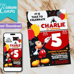 Bewerkbare Mickey-verjaardagsuitnodigingssjabloon | Afdrukbare verjaardagsuitnodigingen, sjabloon kinderfeestje, uitnodiging in canva | Direct downloaden