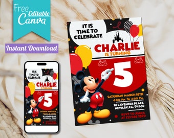 Editable Mickey Mouse Birthday Invitation Template | Canva (Digital Download)