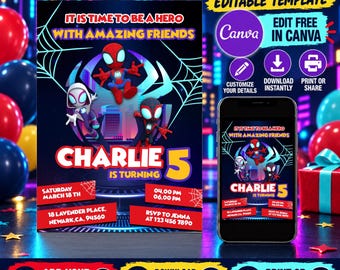 Editable Spidey And His Amazing Friends Birthday Invitation | Template Printable Party Invitations | Digital Kids Invite | Instant Download