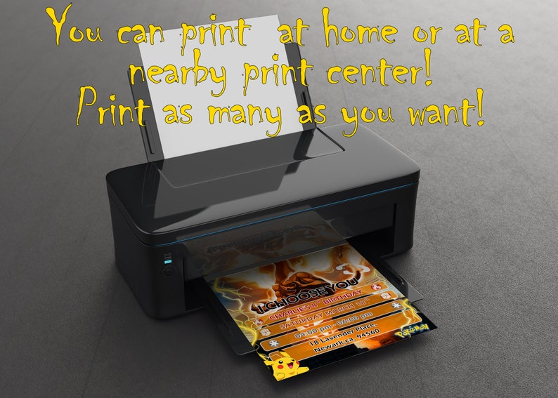 May include: A black printer with a white sheet of paper in the tray. The printer is printing a colorful invitation with the text "CHOOSE YOU" and "SATURDAY 7:30 PM" in bold. The invitation also includes the text "18 Lavender Place, Newark, CA. 94560".