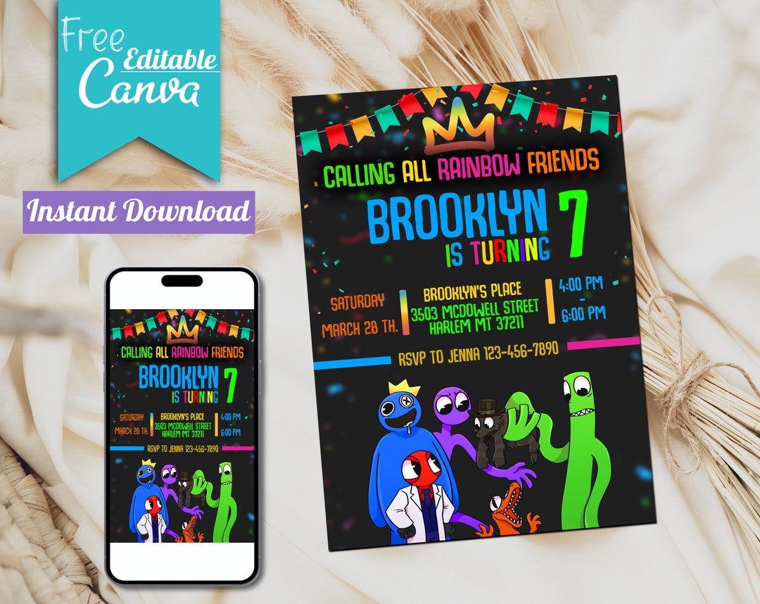 Rainbow Friends Birthday Invitation | Editable Canva Template (digital ...