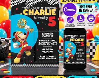Editable Mickey and Roadster Racer Birthday Invitation | Printable Birthday invite, Kids party Template | Invite in Canva | Instant Download