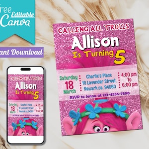 Editable Trolls Poppy Geburtstagseinladung | Trolle Mädchen einladen, Printable Vorlage, Troll Einladung Digital Kids Invite | Sofort Download