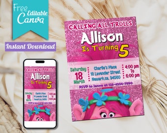 Trolls Poppy Birthday Invitation | Editable Template (Digital Download)