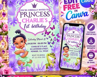 Baby Tiana Birthday Invitations | Printable Princess Baby Tiana Invite | Baby Tiana Evite | Editable in Canva Template | Instant Download