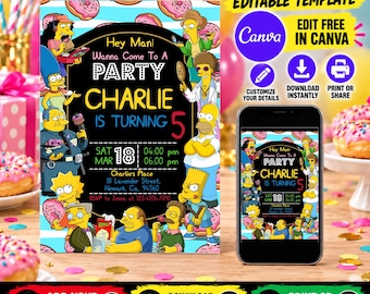 Editable Simpsons Birthday Invitations | Simpsons Invitation, Simpson Invite, Simpsons Evite, Printable in Canva Template | Instant Download
