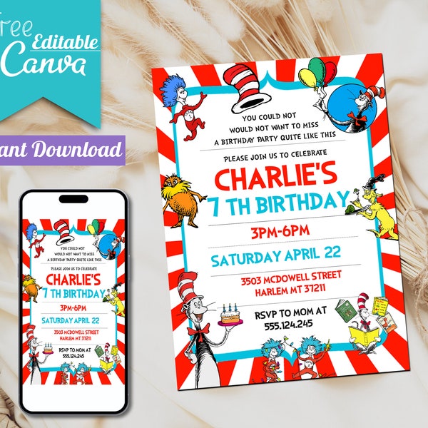 Dr Seuss Birthday Invitation, Dr Seuss Party, Dr Seuss Invite, Dr Seuss Printable, Dr Seuss Template, Kids Birthday Invite, Instant Download