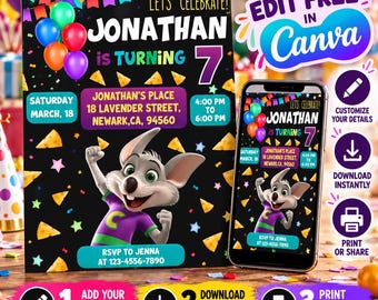Chuck E Cheese Birthday Invitations | Printable Chuck E Cheese Party Invite | Chuck Evite | Editable in Canva Template | Instant Download