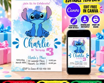 Editable Stitch Birthday Invitation | Stitch invite | Template Printable Party Invitations | Stitch Digital Kids Invite | Instant Download