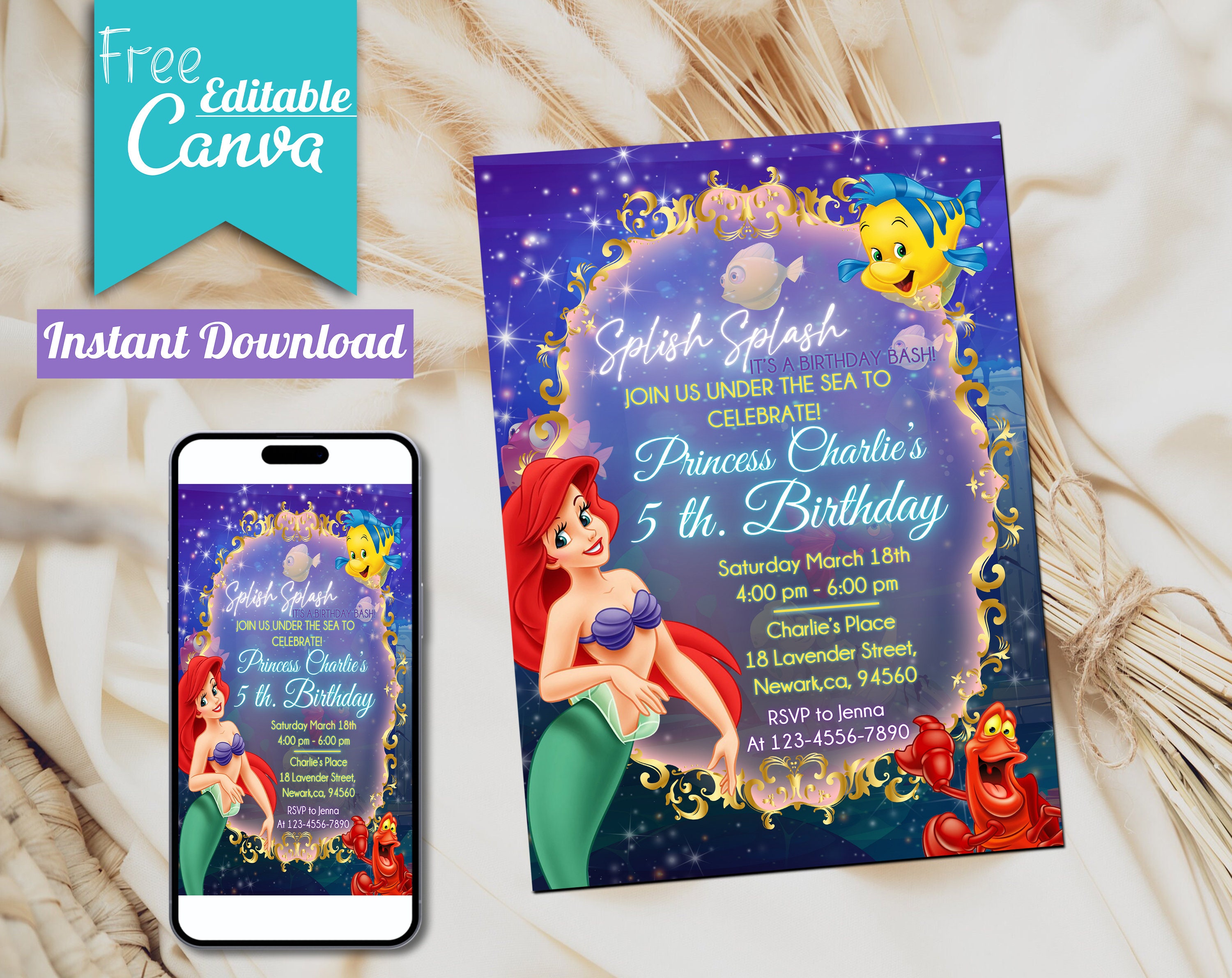 Editable Little Mermaid Ariel Birthday invitation, Little Mermaid invite party invite card, Invite Party Mermaid Princess | INSTANT DOWNLOAD