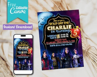 May include: Purple and black invitation with a gold frame. The invitation is for a birthday party for Charlie who is turning 5. The invitation features characters from the Disney show Descendants. The text on the invitation reads "Join us for a Wicked Good Time! Charlie is turning 5. Saturday, March 18th, 5:00 PM - 6:00 PM. Charlie's Place, 18 Lavender Street Newark, CA 9560. RSVP to Jenna at 123-4556-7890."
