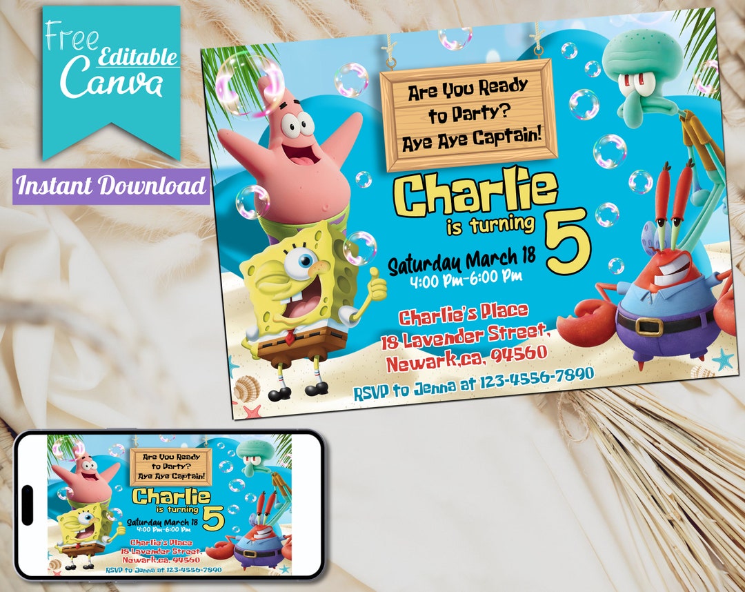 Editable Spongebob Birthday Invitation | Sponge Bob Invite | Template ...