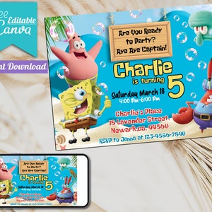 Editable Spongebob Birthday Invitation  | Sponge bob invite | Template Printable Party Invitations | Digital Kids Invite |  Instant Download