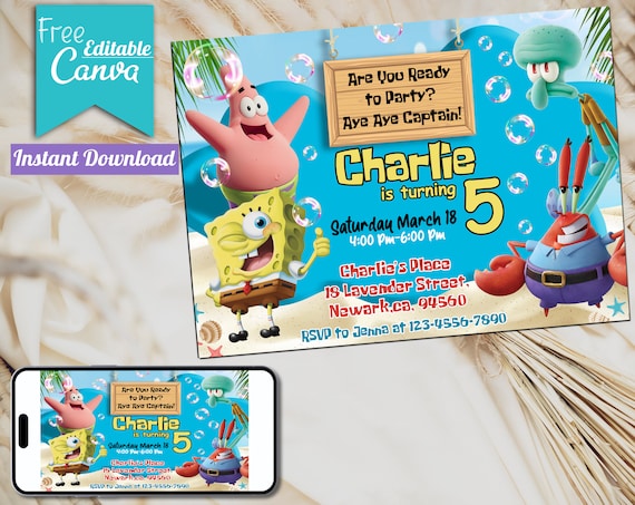 Editable Spongebob Birthday Invitation  | Sponge bob invite | Template Printable Party Invitations | Digital Kids Invite |  Instant Download