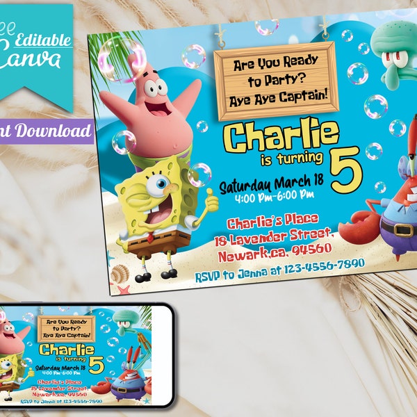 Editierbare Spongebob-Geburtstagseinladung | SpongeBob-Einladung | Vorlage für druckbare Partyeinladungen | Digitale Kindereinladung | Sofortiger Download