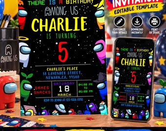 Among us invitation Birthday Invitation | Kids Birthday Invitation | Amoung us Game invite | Digital Editable Personalized Canva Printable