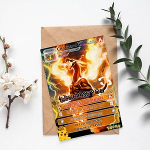 May include: A Pokemon-themed birthday invitation featuring a fiery orange and yellow illustration of Charizard VMAX, a powerful fire-type Pokemon. The invitation includes the text "I Choose You", "Charlie's 8th Birthday", "Saturday March 18th", "04:00 pm - 06:00 pm", "18 Lavender Place, Newark, CA 94560", and the Pokemon logo.