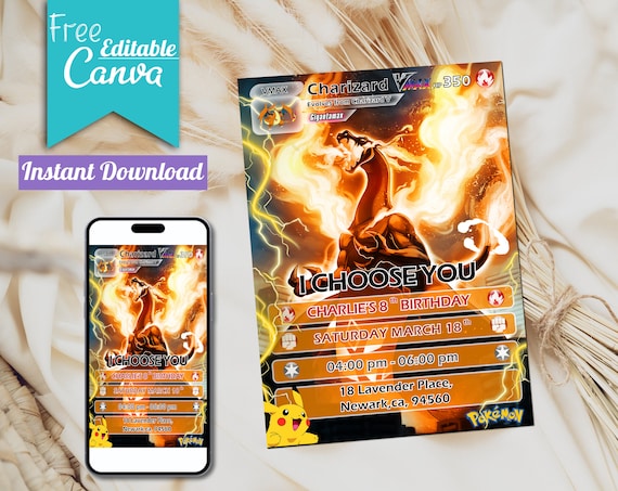 Editable Charizard Birthday Invitation | Pokemon Party (Canva Template)