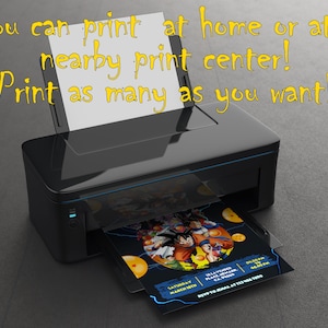May include: A black printer with a white sheet of paper in the tray. A printed invitation with a blue background and yellow accents is being ejected from the printer. The invitation features a cartoon image of a character from the Dragon Ball Z anime series. The text on the invitation reads "Saturday, March 18th" and "RSVP to [phone number] at [time]"
