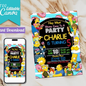 Bearbeitbare Simpsons-Geburtstagseinladungen | SIMPSONS Einladung, SIMPSON EINLADEN, SIMPSONS EVITE, druckbar in Canva Vorlage | Sofort Download