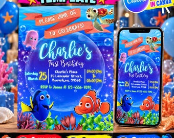 Editable Finding Nemo Birthday Invitation Template | Digital Kids Party, Finding Nemo Invite, Printable Editable in Canva | Instant Download