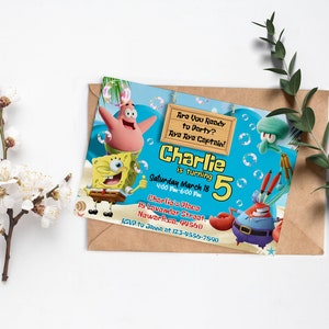 May include: A blue and yellow birthday invitation featuring characters from the cartoon Spongebob Squarepants. The invitation says "Charlie is turning 5" and includes the date and time of the party. It also includes the address and RSVP information.