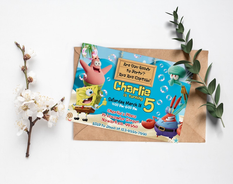 May include: A blue and yellow birthday invitation featuring characters from the cartoon Spongebob Squarepants. The invitation says "Charlie is turning 5" and includes the date and time of the party. It also includes the address and RSVP information.