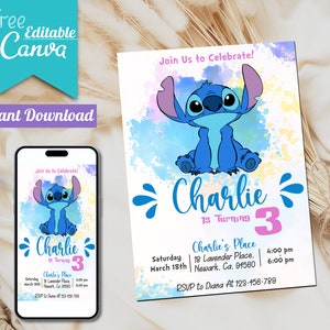 Editable Stitch Birthday Invitation  | Stitch invite | Template Printable Party Invitations | Stitch Digital Kids Invite |  Instant Download