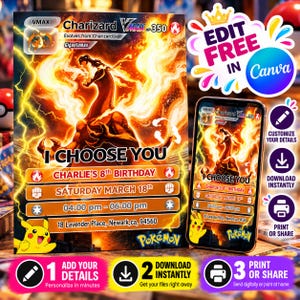Puede incluir: Una plantilla de invitación de cumpleaños rectangular con un gráfico de Charizard VMAX, efectos de fuego y rayos. El texto incluye I CHOOSE YOU, CHARLIE'S 8th BIRTHDAY, SATURDAY MARCH 18th, 04:00 pm - 06:00 pm y 18 Lavender Place, Newark, ca, 94560.